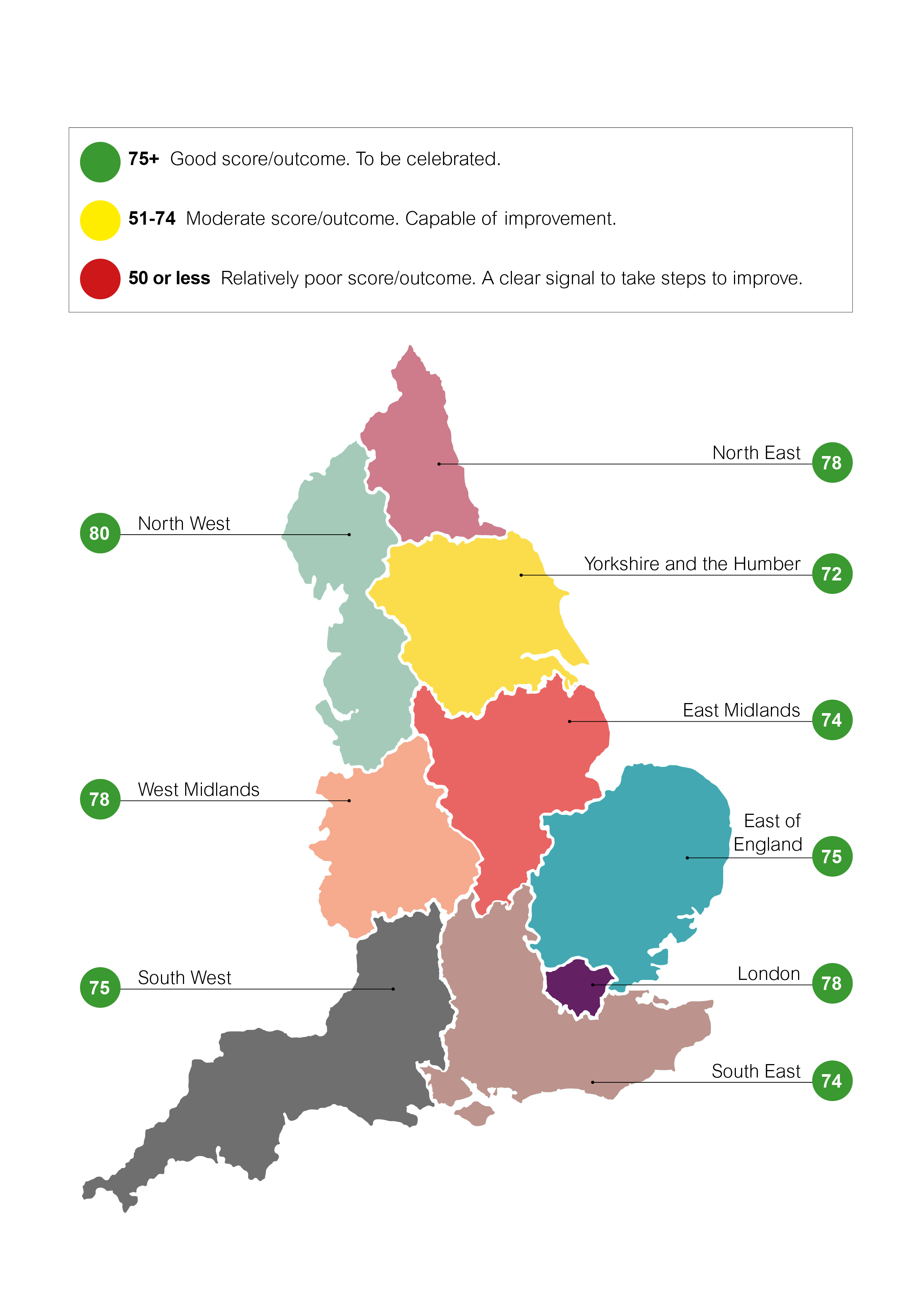Figure 4: Map of average overall score in each region; national summary report of the employer standards survey 2025