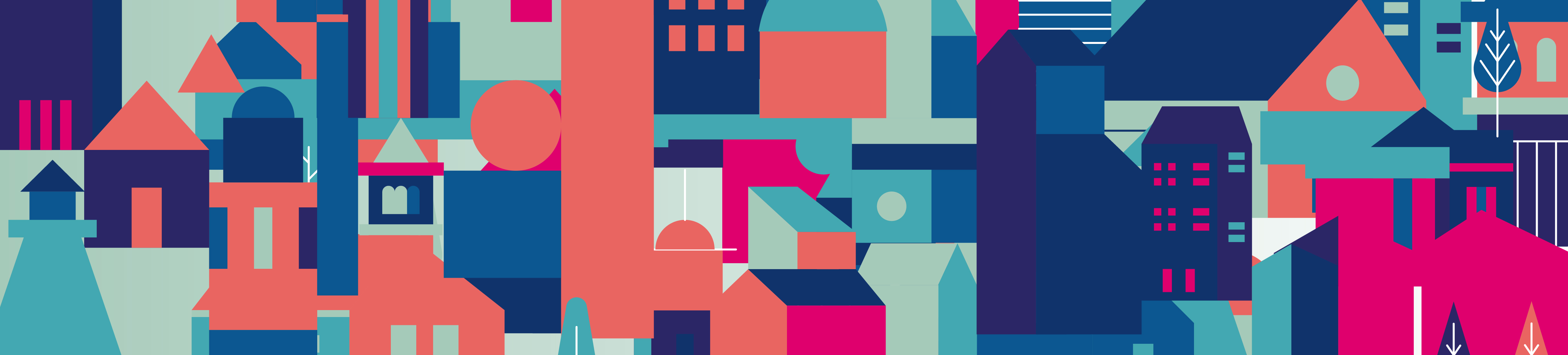 A banner with abstract house shapes in blues, greens and orange.