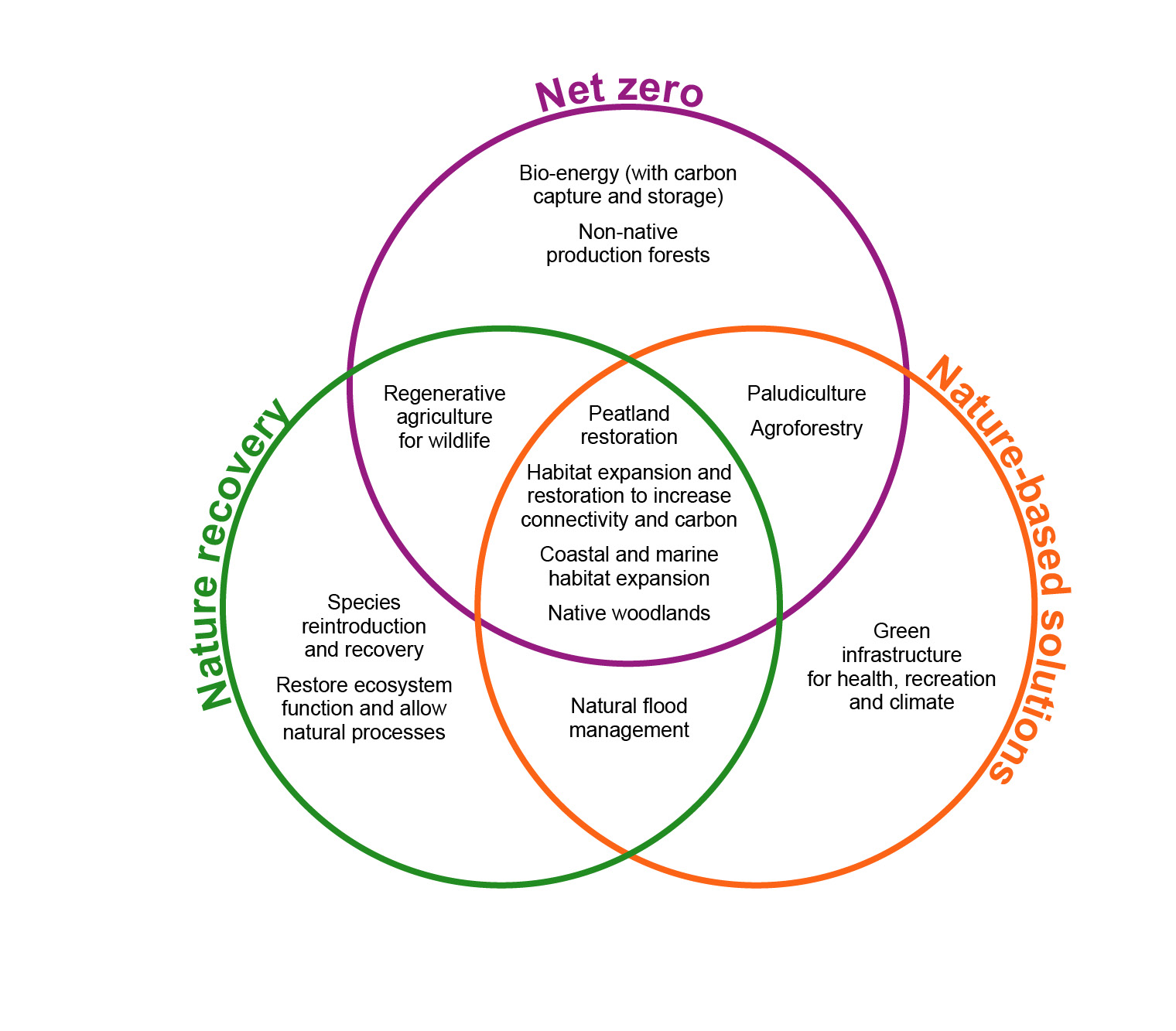 graph shows net zero (bio-energy with carbon capture and storage, non-native production forests), nature recovery (regenerative agriculture for wildlife, species reintroduction and recovery, and restoring ecosystem function to allow natural processes), nature-based solutions (paludiculture, agroforestry, and green infrastructure for health, recreation, climate). Intersection of net zero and nature recovery, peatland restoration. Overlap nature recovery and nature-based solutions, natural flood management. 