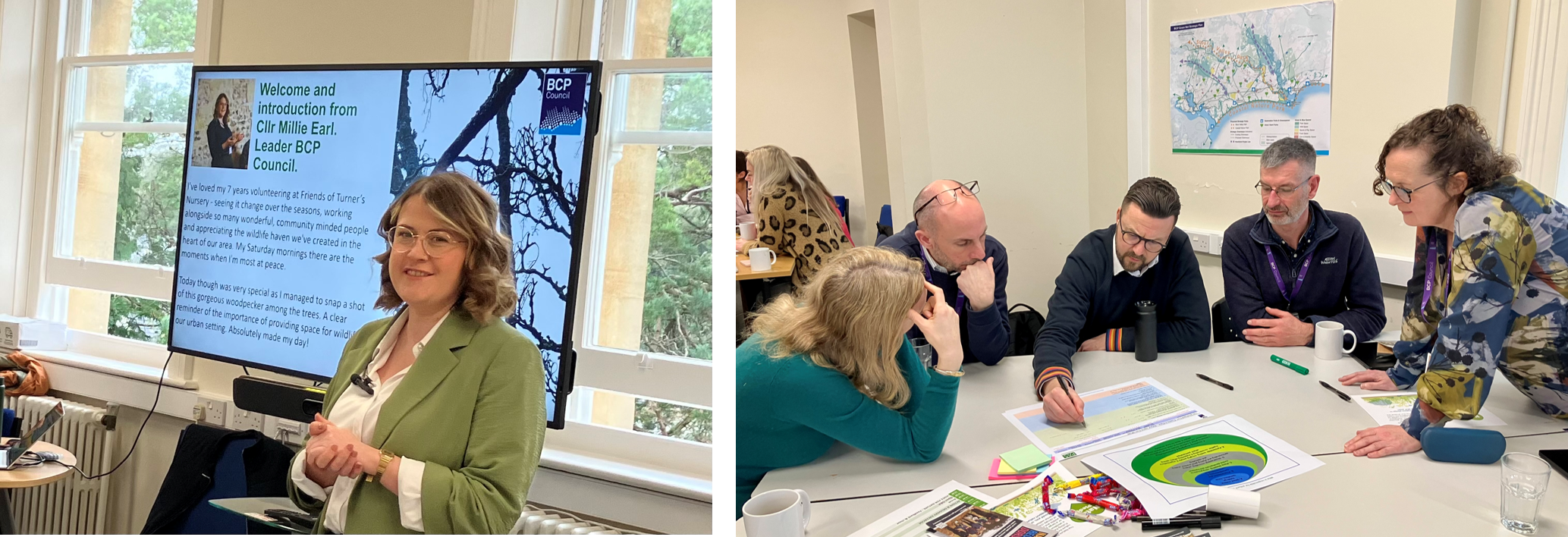 Two pictures side by side. The left shows the Leader of the Council, the right workshop attendees