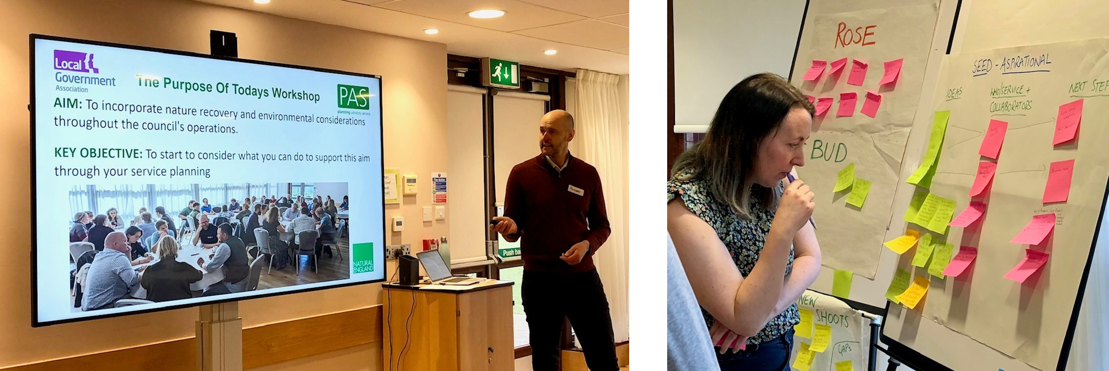 Two pictures side by side showing different images of workshop attendees