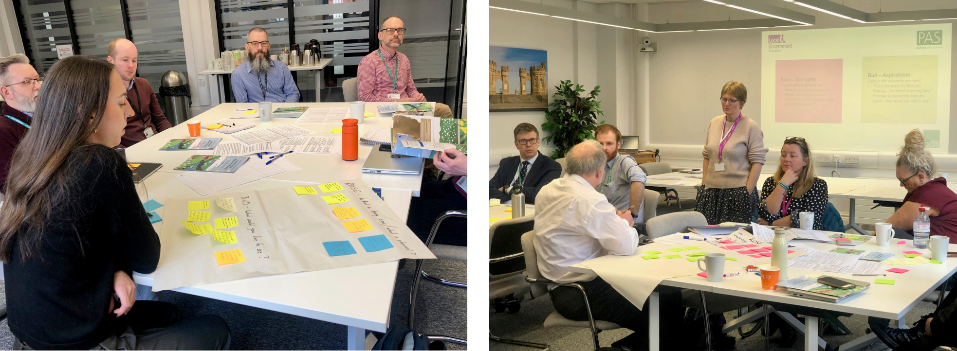 Two pictures side by side showing different images of workshop attendees