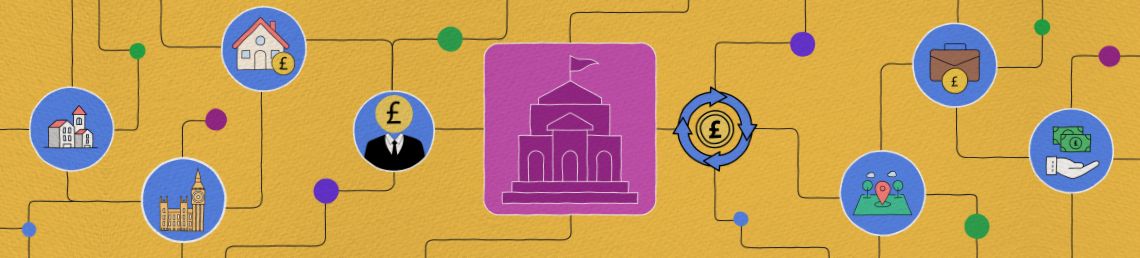 A yellow banner with a purple council building in the centre and finance-related symbols around it