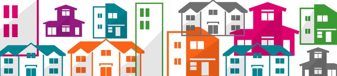 brightly coloured drawings of different types of houses